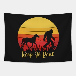 Keep It Real, Funny Bigfoot Sasquatch Retro Sunset, Horse Tapestry