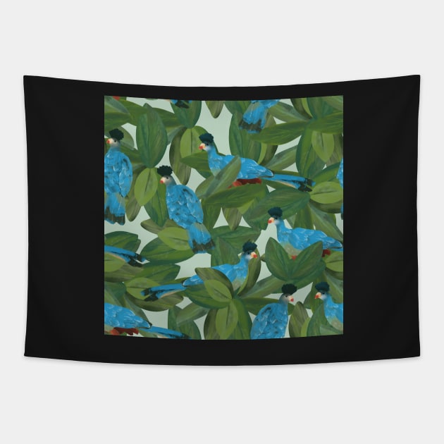 Great blue turacos in the trees light Tapestry by MSBoydston