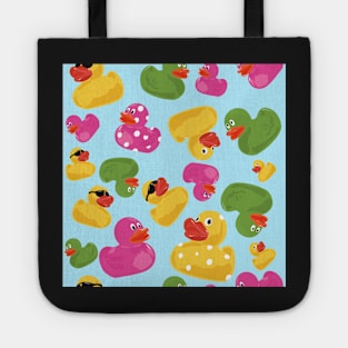 Cascade of rubber ducks on a blue background repeat pattern Tote