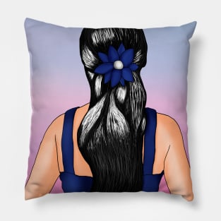 Beautiful Long Hair with Blue Dress Portrait Pillow