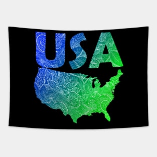 Colorful mandala art map of the United States of America with text in blue and green Tapestry