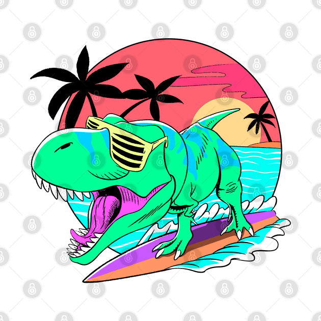 Dino surfing retro art by Ildegran-tees