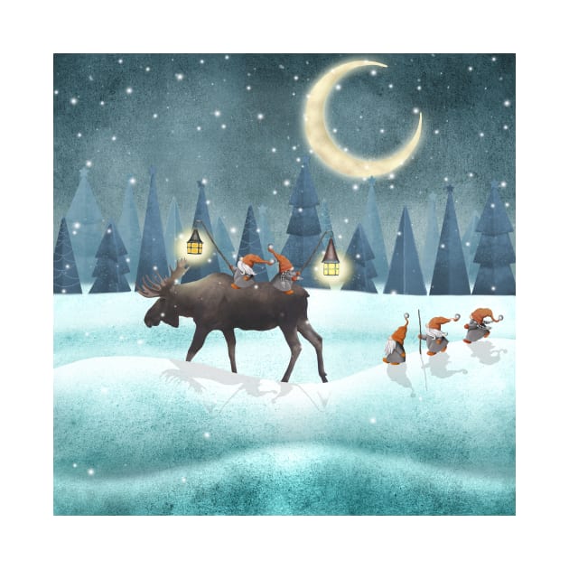 Scandinavian gnomes with moose watercolor illustration. Cute Christmas gnomes in snow forest. Winter fantasy moon night. Swedish Nordic funny gnomes by likapix