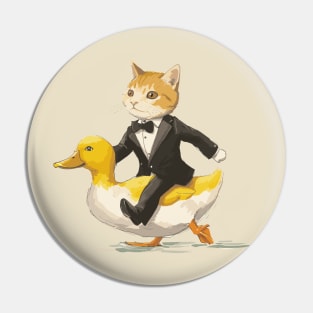 Funny Tuxedo Cat Riding Funny Duck Going To Party Pin