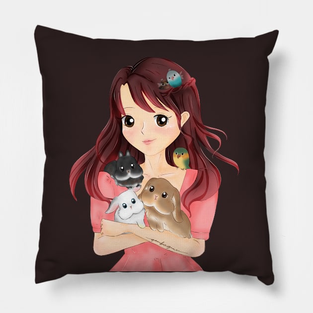 Girl with her pets _ Bunniesmee Pillow by GambarGrace