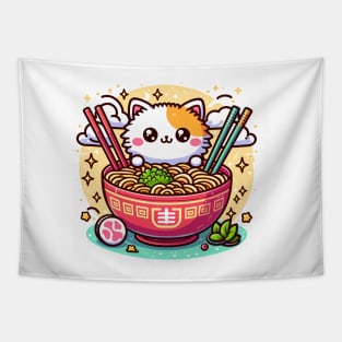 Big eyes cat enjoy bowl of ramen Tapestry