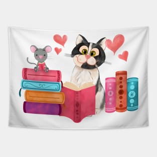 Cute little mouse and cat friend reading books Tapestry