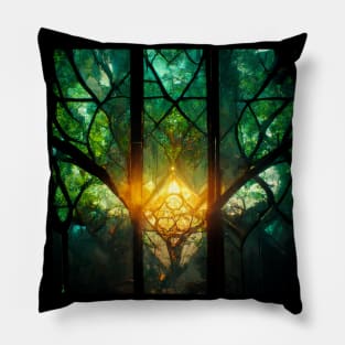 Stained Glass Green Forest Window Glowing Pillow