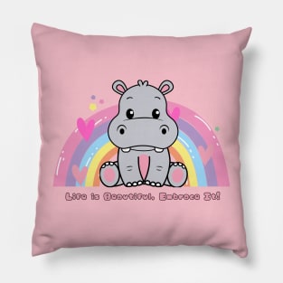 cute hippo with rainbow Pillow