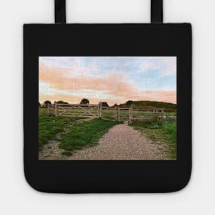 Gate and Golden sunset on the hill painting Tote