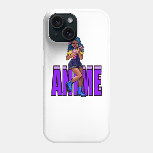 Cute Kawaii black Girl with bubble tea, African American, Black cartoon, purple text anime, game character girl Phone Case by Artonmytee