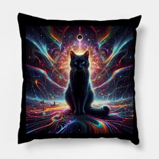 Black cat glinting with rainbow energy Pillow