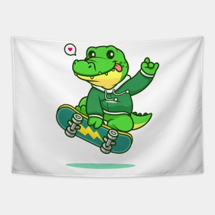 Cute crocodile playing skateboard cartoon vector icon illustration Tapestry