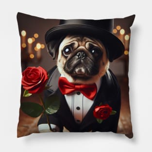 Sad pug dog in tuxedo suit with red rose Pillow