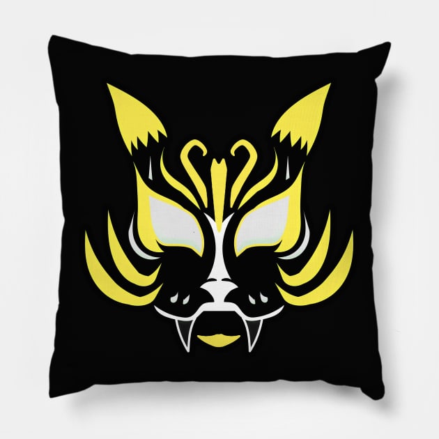 Dark Kitsune Face - Yellow Pillow by ChrisOConnell