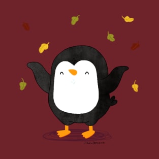 Penguin having fun with autumn leaves 2 T-Shirt