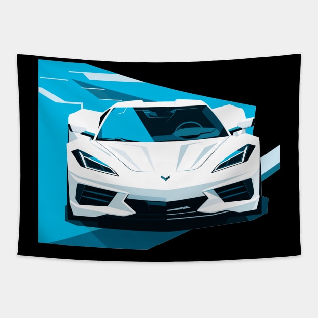 C8 Corvette Racing White sportscar retro design vintage style supercar Classic car vibes with a white C8 Corvette Retro flair for C8 Corvette enthusiasts Tapestry by Tees 4 Thee