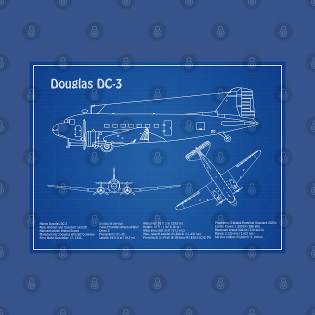 Douglas DC-3 - Airplane Blueprint - AD by SPJE Illustration Photography