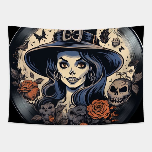 Halloween Vinyl Record Witch Tapestry by Nightarcade