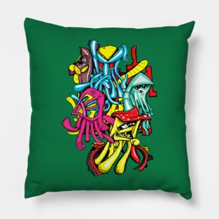 Monster collage 3, street art graffiti. Pillow