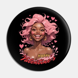 Happy Valentine's Day Black Girl Pink Hair comic pop art anime Pin