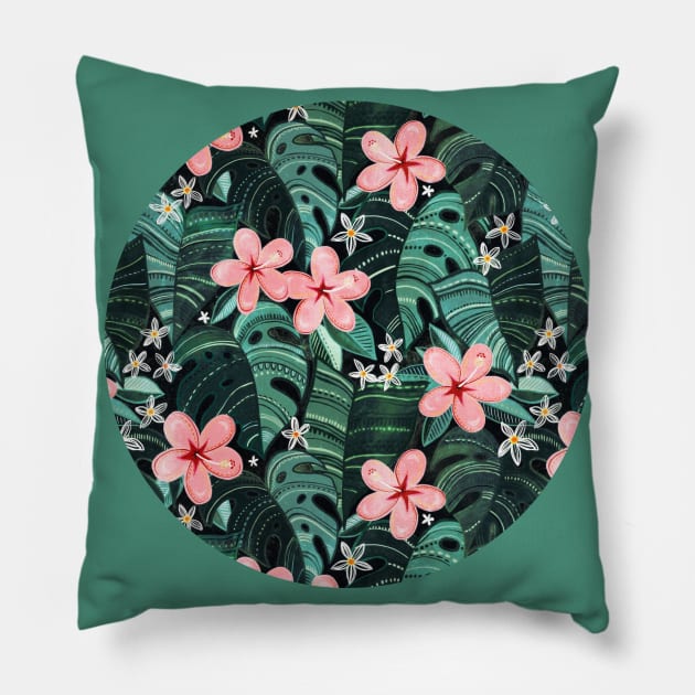Midnight Tropical Garden - emerald green Pillow by micklyn