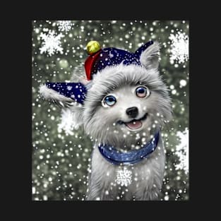 Cute fluffy anime dog with hat in snow T-Shirt