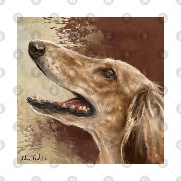 Painting of a Saluki Dog From the Side Smiling on Brown Beige Background by ibadishi