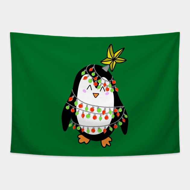 Cute Christmas Tree Lights Wrapped Penguin with a Star on his Head on a Green Backdrop, made by EndlessEmporium Tapestry by EndlessEmporium