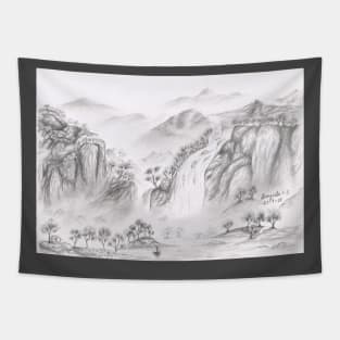 Waterfalls over the mountains pencil sketch Tapestry