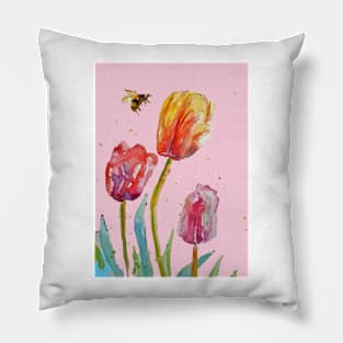 Tulip Flower Watercolor Painting and Bee on Blush Pink Pillow