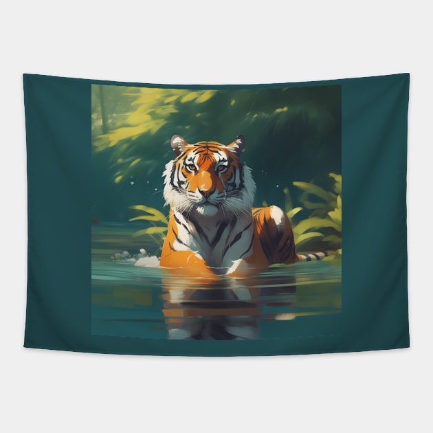 Royal Bengal Tiger in lake Tapestry by Spaceboyishere