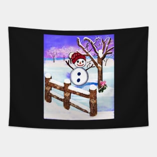 Snowman wearing winter hat  in tranquil winter scenery Tapestry