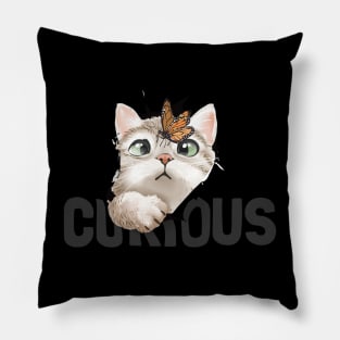 cute cat and butterfly in curious paper hole illustration Pillow