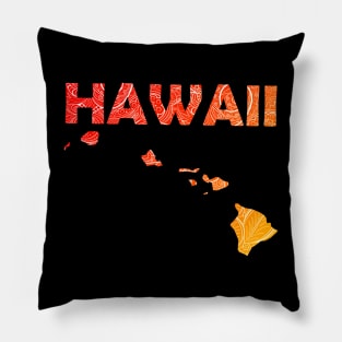 Colorful mandala art map of Hawaii with text in red and orange Pillow