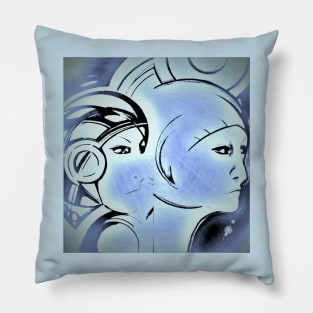 Art Deco blue space faces Jacqueline Mcculloch Pillow