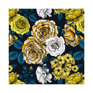 Yellow, white and bi-color roses with blue leaves on black T-Shirt