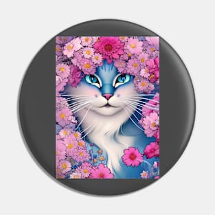 Blue Cat Surrounded by Pink Flowers Pin