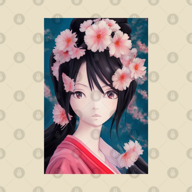 Anime geisha girl with pink flowers by Ravenglow