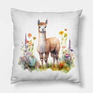 Watercolor picture of alpaca and beautiful flowers. Pillow