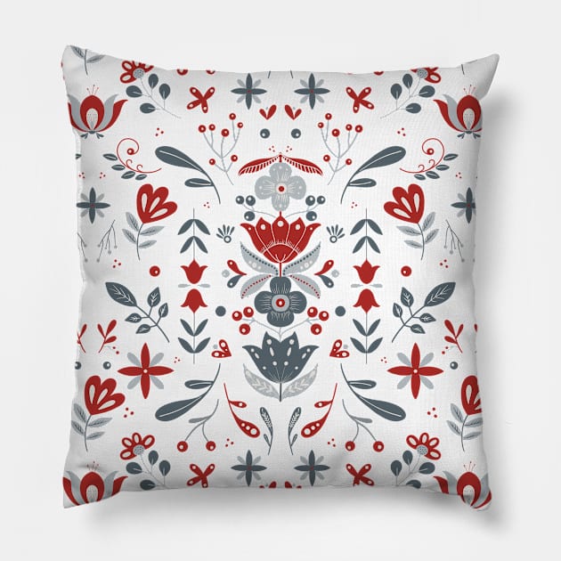 Scandinavian Folk Flower Pattern Pillow by Raluca Mateescu