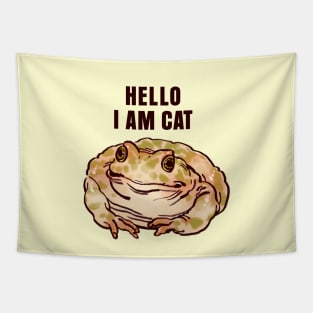 funny polite cute  green spotted toad but it is a cat / hello i am cat text Tapestry