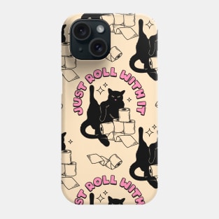 Roll with it Black Cat Pattern in beige Phone Case