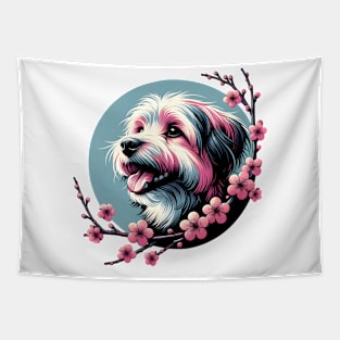 Joyful Lowchen Amidst Spring Cherry Blossoms Tapestry