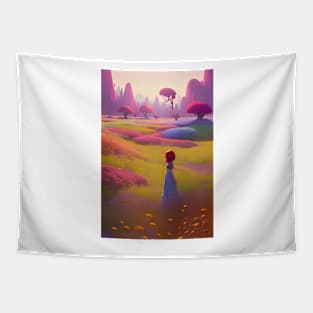 Anime Girl in Field of Red Flowers & Trees Tapestry