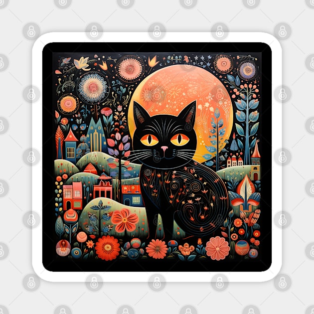 Surrealistic Folk Art Dark Floral Motif Black Cat Design Magnet by The Little Store Of Magic