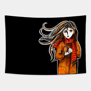 Pretty girl in orange dress drinks tea and dreams Tapestry