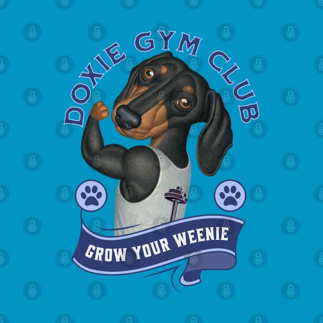 Cute Doxie Gym Club Member to Grow Your Weenie in Blue by Danny Gordon Art