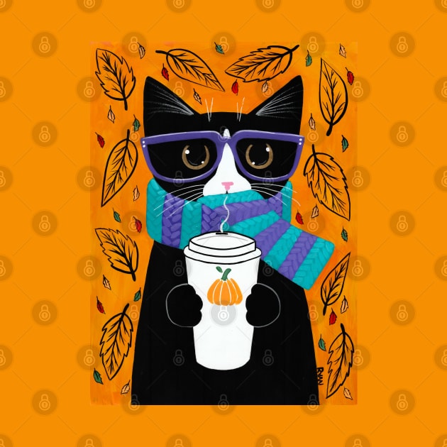 Autumn Coffee Tuxedo Cat by KilkennyCat Art