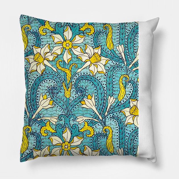 Blue and yellow floral print Pillow by Marccelus